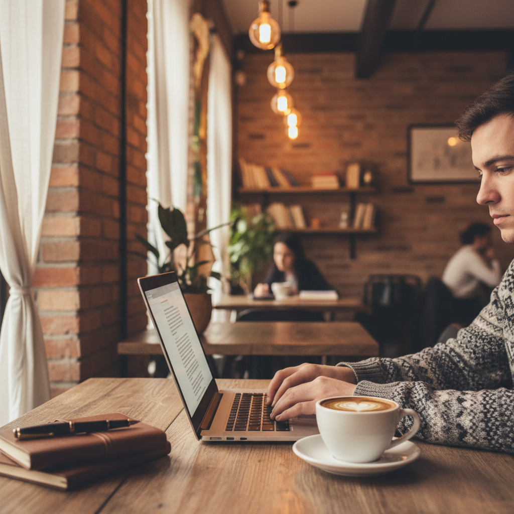 A cozy cafe scene where a person is focused on writing a web novel on a sleek laptop, a cup of coffee nearby, warm lighting, cinematic photography style.