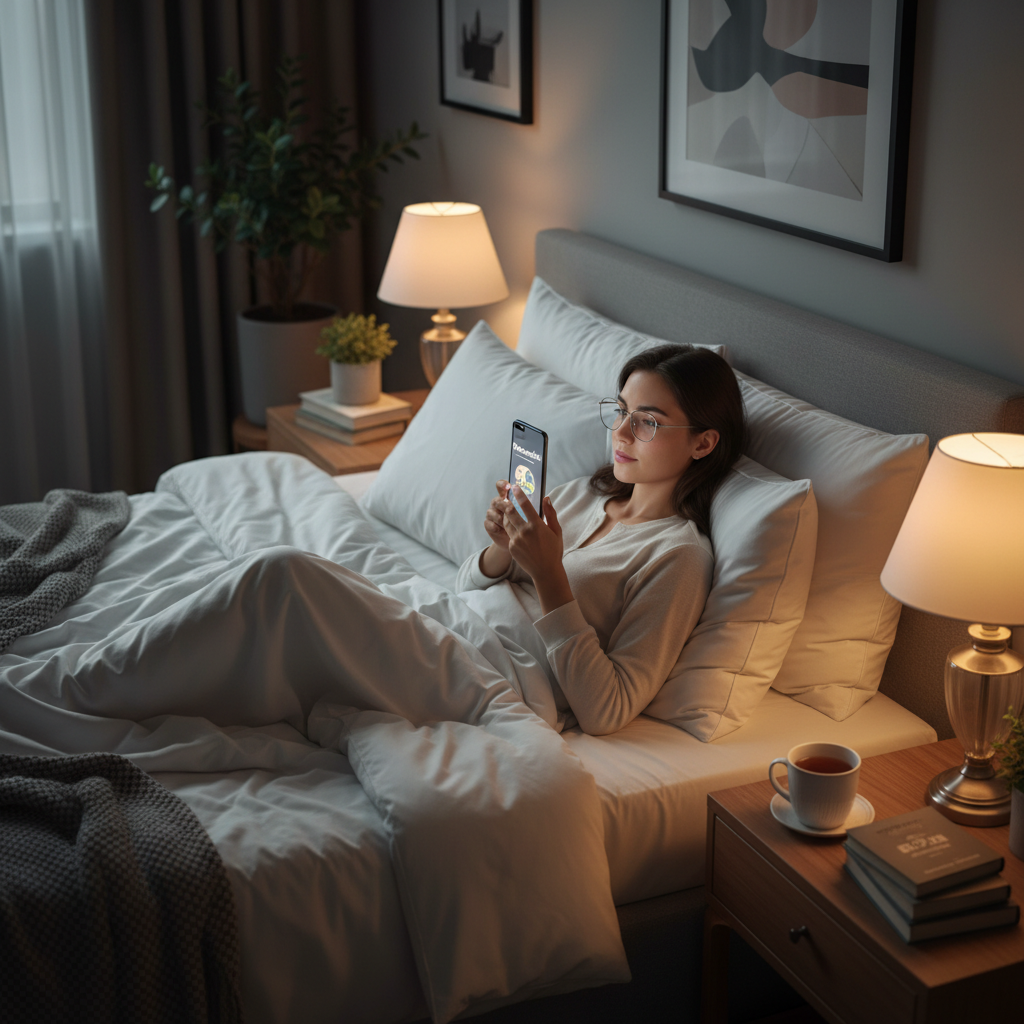 A person lying in a comfortable bed at night, reading a web novel on a bright smartphone screen, soft bedroom lighting, cozy atmosphere.