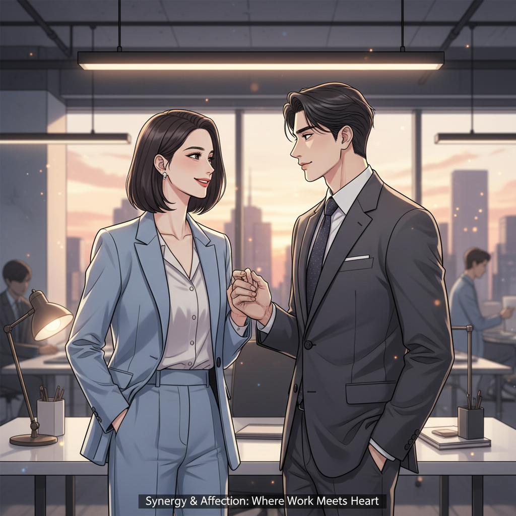 A modern office romance setting with two stylish characters looking at each other, soft bokeh background, manhwa-style digital illustration.