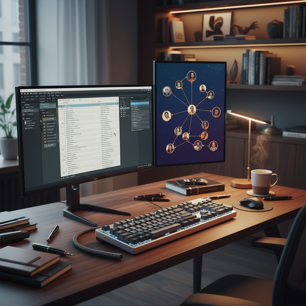 A professional writer's workspace with a high-end mechanical keyboard, dual monitors displaying manuscript software and character relationship maps, cinematic lighting.