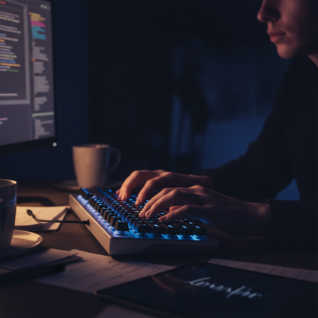 A close-up shot of hands typing rapidly on a backlit mechanical keyboard in a dark room, blue and purple aesthetic, representing the creative process of a web novelist.