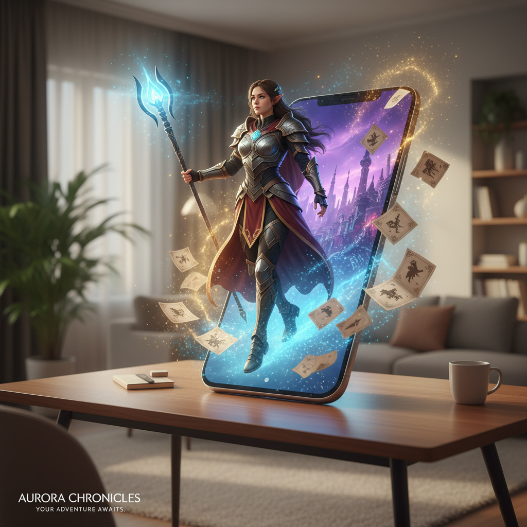 A creative illustration where a fantasy web novel character is stepping out from a smartphone screen into a realistic modern room, magical glowing effects.